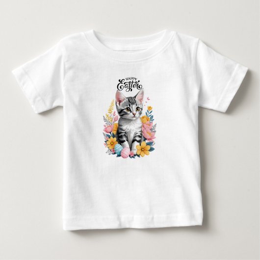 ハッピーイースターグレー虎猫と花 ベビーTシャツ (正面)