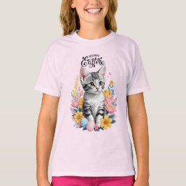 ハッピーイースターグレー虎猫と花 Tシャツ
