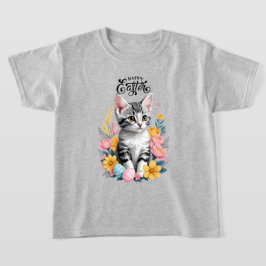 ハッピーイースターグレー虎猫と花 Tシャツ