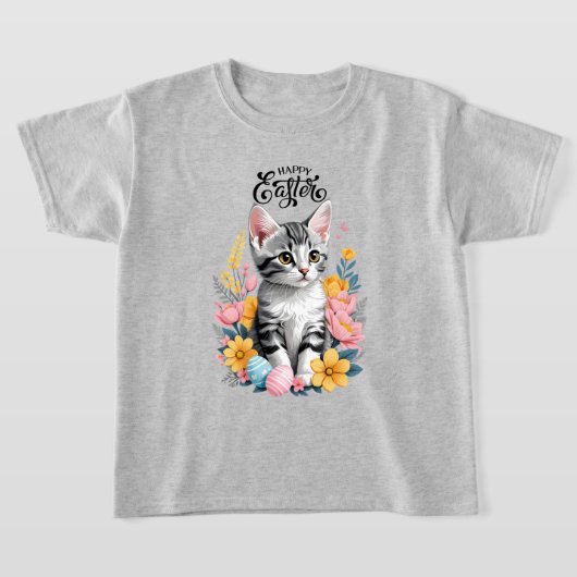 ハッピーイースターグレー虎猫と花 Tシャツ (レイダウン)