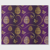 ハッピーイースターゴールデンエッグと蝶パープル ラッピングペーパー (フラット)