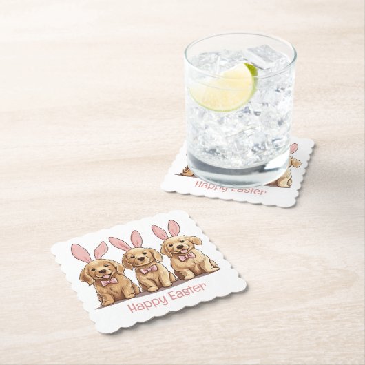 ハッピーイースターゴールデンレトリエバードッグズバニー耳 ペーパーコースター (インサイチュ)