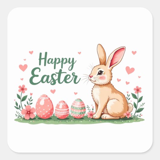 ハッピーイースターシール（バニーと卵と花） スクエアシール (正面)