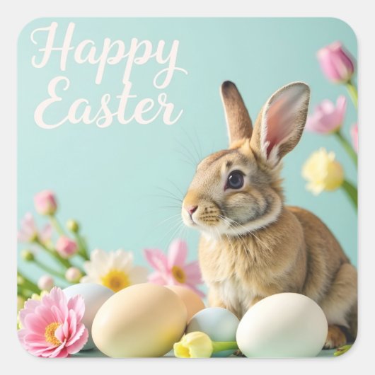 ハッピーイースターシール（バニーと花） スクエアシール (正面)