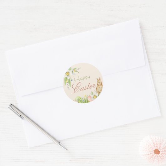 ハッピーイースタースウィートバニーウォーターカラーフローラ ラウンドシール (封筒)