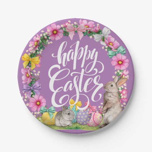 ハッピーイースタースクリプトフローララベンダーイースターバニー ペーパープレート (正面)