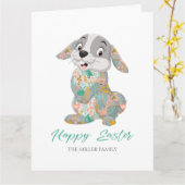 ハッピーイースタータイポグラフィキュートバニー カード (黄色い花)