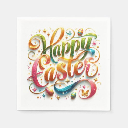ハッピーイースタータイポグラフィグリッター スタンダードカクテルナプキン (正面)