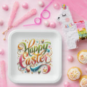 ハッピーイースタータイポグラフィグリッター ペーパープレート (パーティー)