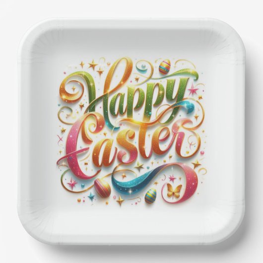 ハッピーイースタータイポグラフィグリッター ペーパープレート (正面)