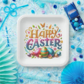 ハッピーイースタータイポグラフィグリッター ペーパープレート (パーティー)