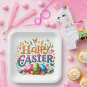ハッピーイースタータイポグラフィグリッター ペーパープレート (パーティー)