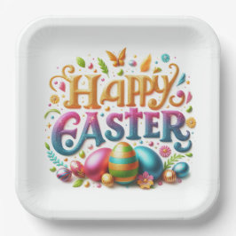 ハッピーイースタータイポグラフィグリッター ペーパープレート