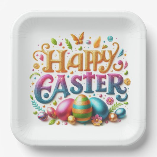 ハッピーイースタータイポグラフィグリッター ペーパープレート (正面)