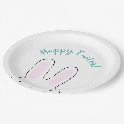 ハッピーイースターティール（緑がかった色）かわいいイースターバニーカスタムスクリプト ペーパープレート (アングル)