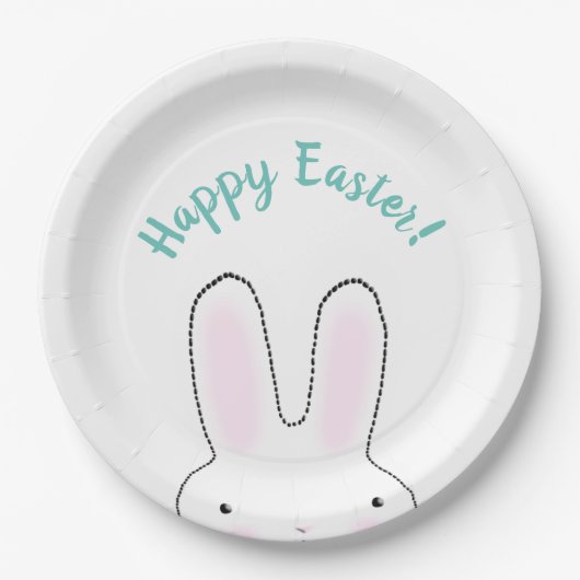 ハッピーイースターティール（緑がかった色）かわいいイースターバニーカスタムスクリプト ペーパープレート (正面)