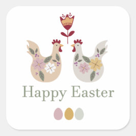 ハッピーイースターテンプレート卵、花、鶏肉 スクエアシール