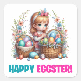 ハッピーイースターデイ – かわいいベビーウサギ スクエアシール