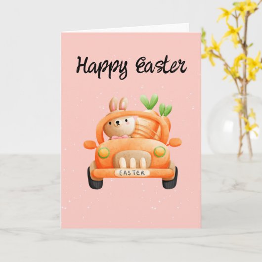 ハッピーイースタードライバーのバニーをピンクに カード (黄色い花)