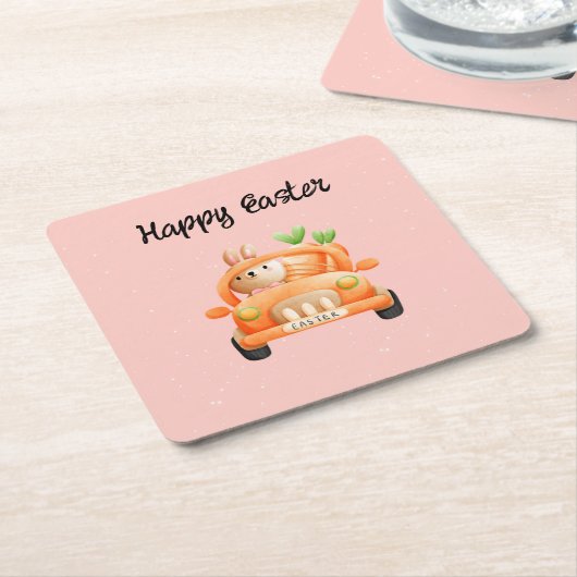 ハッピーイースタードライバーのバニーをピンクに スクエアペーパーコースター (アングル)