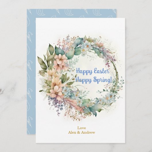 ハッピーイースターハッピー春スカイブルーフローラリース シーズンカード (正面/裏面)