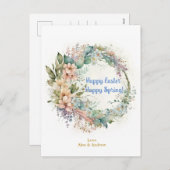 ハッピーイースターハッピー春スカイブルーフローラリース シーズンポストカード (正面/裏面)
