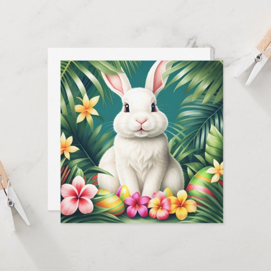 ハッピーイースターハワイアン熱帯ウサギ&エッグ カード (正面/裏面インサイチュ)