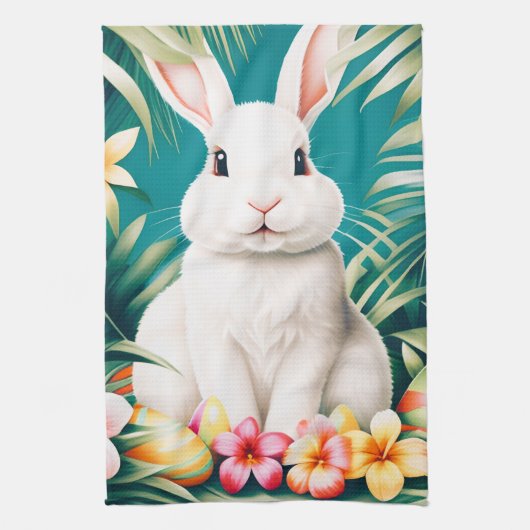 ハッピーイースターハワイアン熱帯ウサギ&エッグ キッチンタオル (縦)