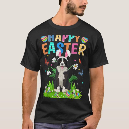 ハッピーイースターバニーおもしろいエグ縁どコリードッグイーザ Tシャツ (正面)