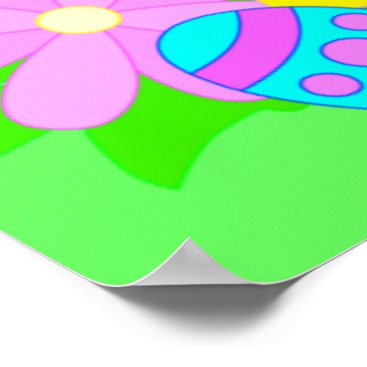 ハッピーイースターバニーかわいい漫画うさぎ花 ポスター (角)