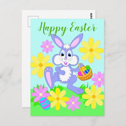 ハッピーイースターバニーかわいい漫画うさぎ花 ポストカード (正面/裏面)