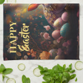 ハッピーイースターバニーとイースターエッグ キッチンタオル (折り畳み)