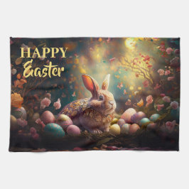 ハッピーイースターバニーとイースターエッグ キッチンタオル