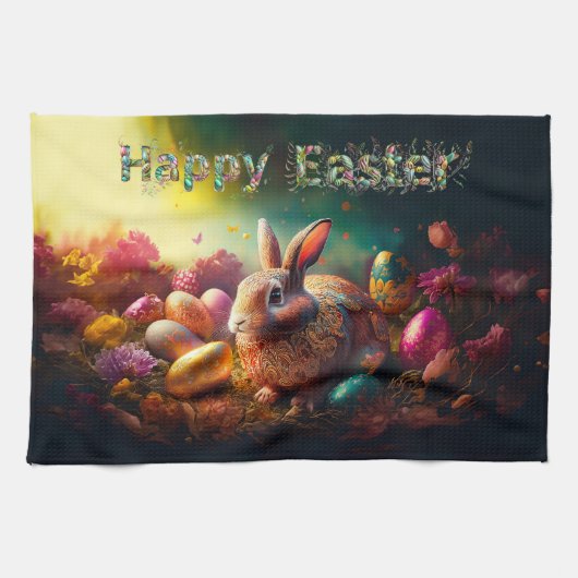 ハッピーイースターバニーとイースターエッグ キッチンタオル (横)