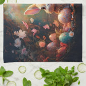 ハッピーイースターバニーとイースターエッグ キッチンタオル (折り畳み)