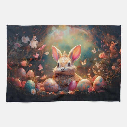 ハッピーイースターバニーとイースターエッグ キッチンタオル (横)