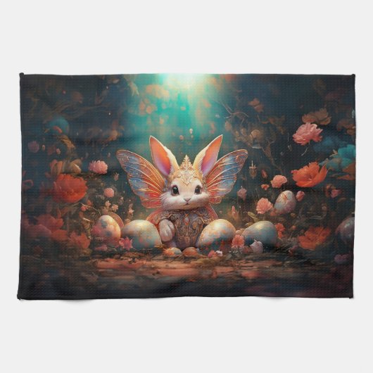 ハッピーイースターバニーとイースターエッグ キッチンタオル (横)