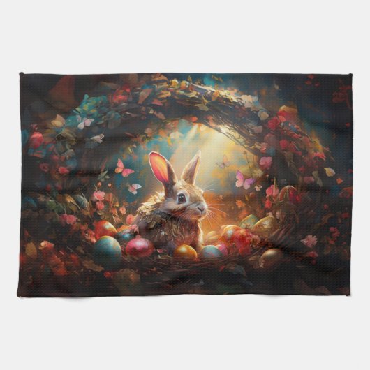 ハッピーイースターバニーとイースターエッグ キッチンタオル (横)