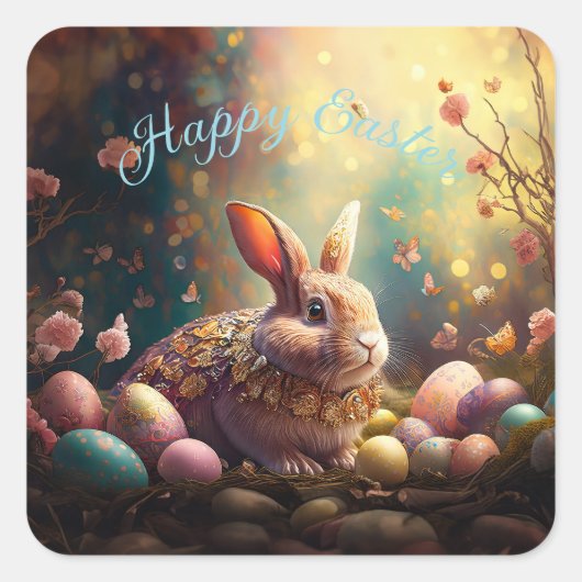 ハッピーイースターバニーとイースターエッグ スクエアシール (正面)