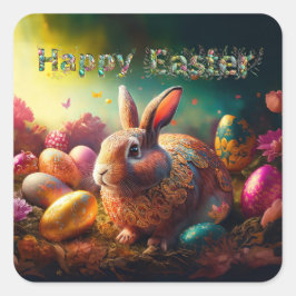 ハッピーイースターバニーとイースターエッグ スクエアシール
