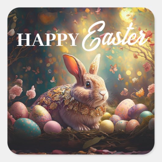ハッピーイースターバニーとイースターエッグ スクエアシール (正面)