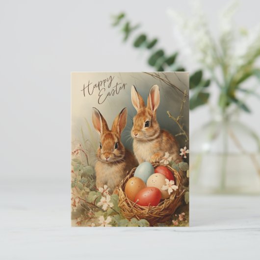 ハッピーイースターバニーとイースター卵バスケット シーズンポストカード (スタンド正面)