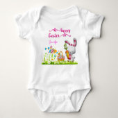 ハッピーイースターバニーとエッグスベビーガールパーソナライズされた ベビーボディスーツ (正面)