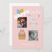 ハッピーイースターバニーとエッグピンク家族の写真 シーズンカード (正面/裏面)