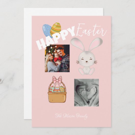 ハッピーイースターバニーとエッグピンク家族の写真 シーズンカード (正面/裏面)