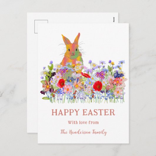 ハッピーイースターバニーとワイルドフラワー シーズンポストカード (正面/裏面)