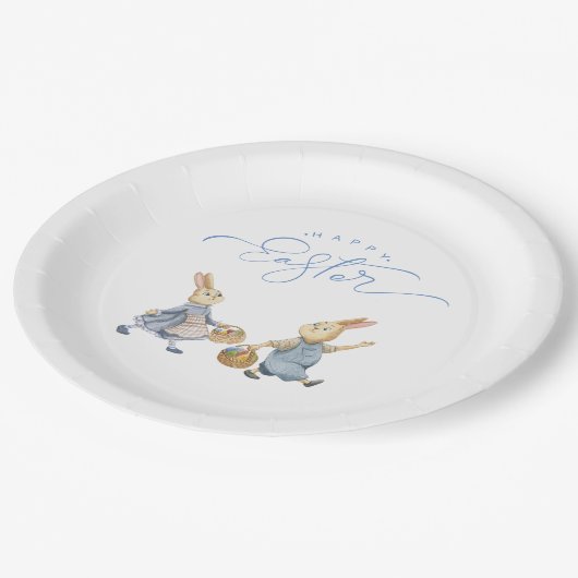 ハッピーイースターバニーと卵バスケット ペーパープレート (アングル)