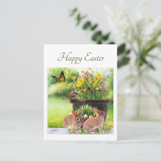 ハッピーイースターバニーと春の花はがき ポストカード (スタンド正面)