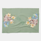 ハッピーイースターバニーと本のスタック キッチンタオル (横)