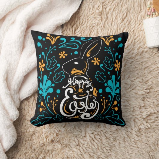 ハッピーイースターバニーアート、抽象芸術フローラ、ブラック クッション (ブランケット)